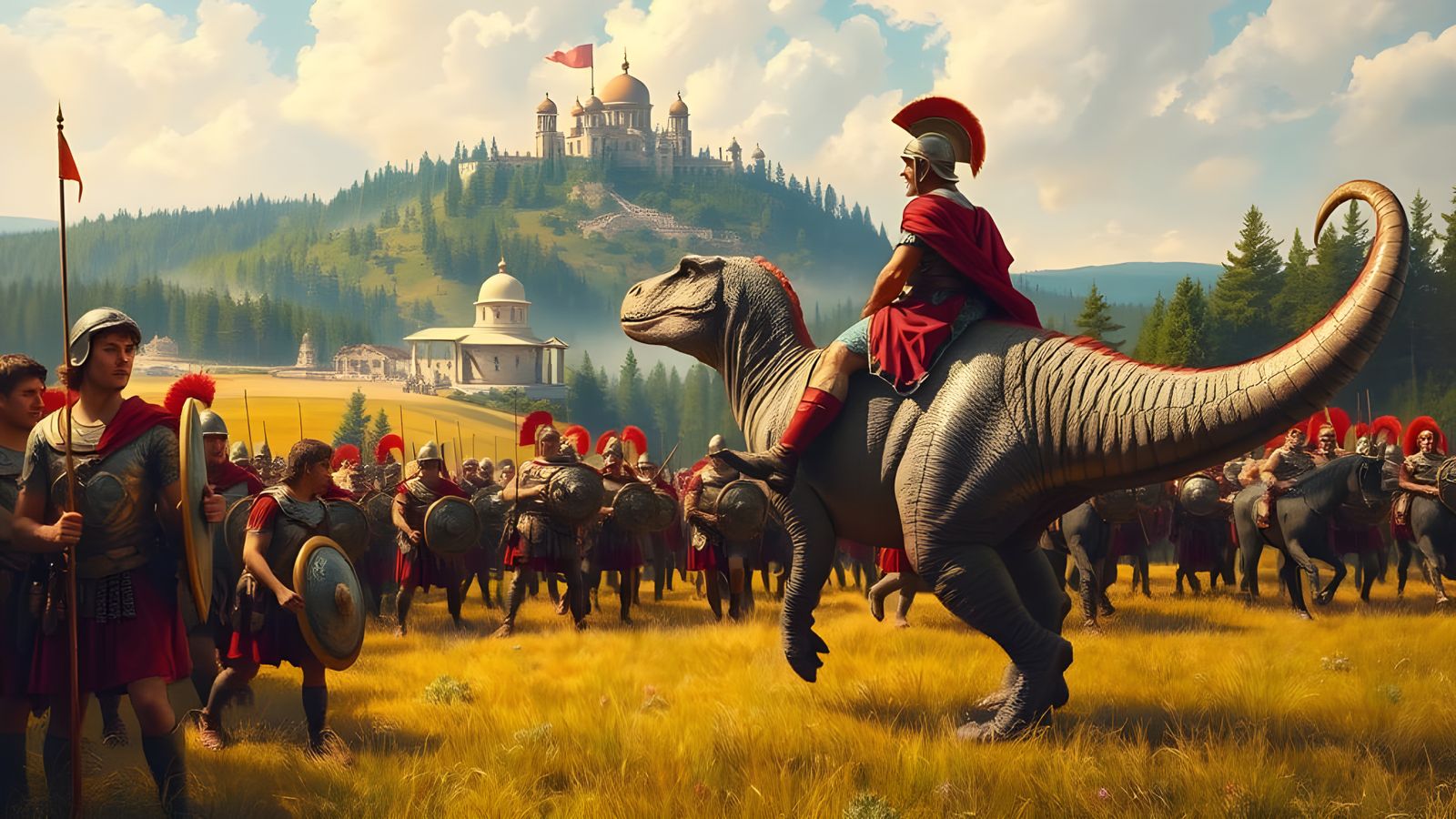 Epic Oil Painting: Roman Soldier on Tyrannosaurus