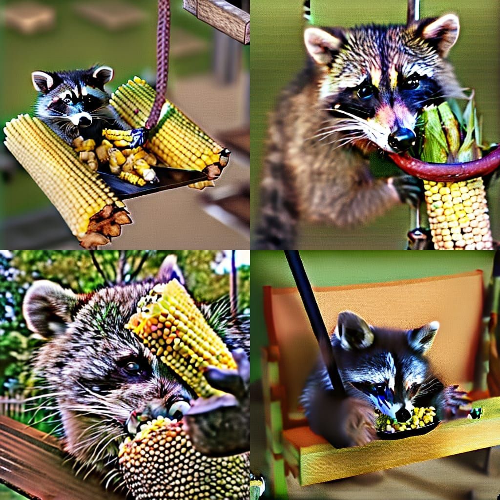 Raccoon Relaxes on Porch Swing with Corn