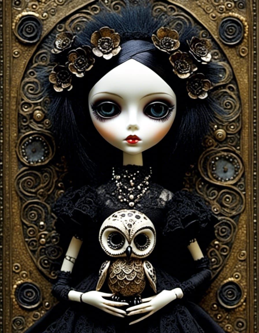 Gothic Art Doll with Owl Skull Face