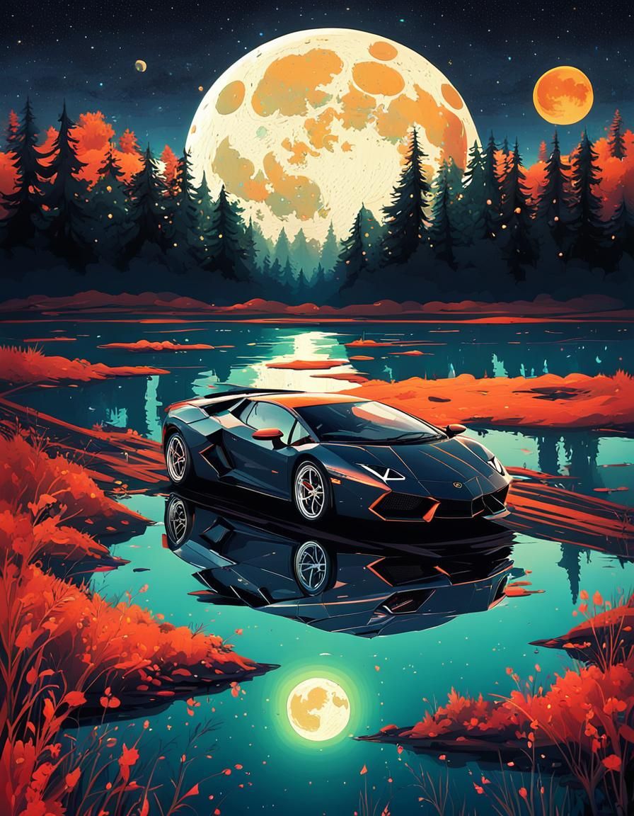 Lamborghini Races Under Giant Moon in Anime Style