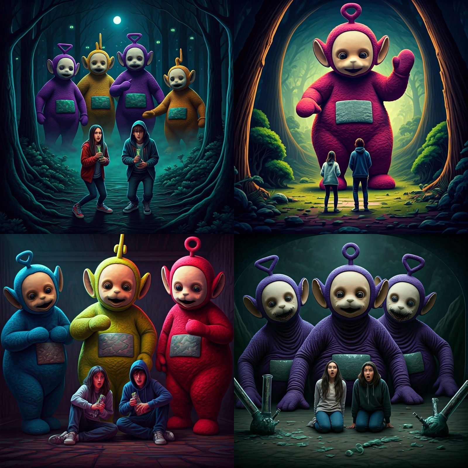 Giant Teletubbies in a Dystopian Landscape