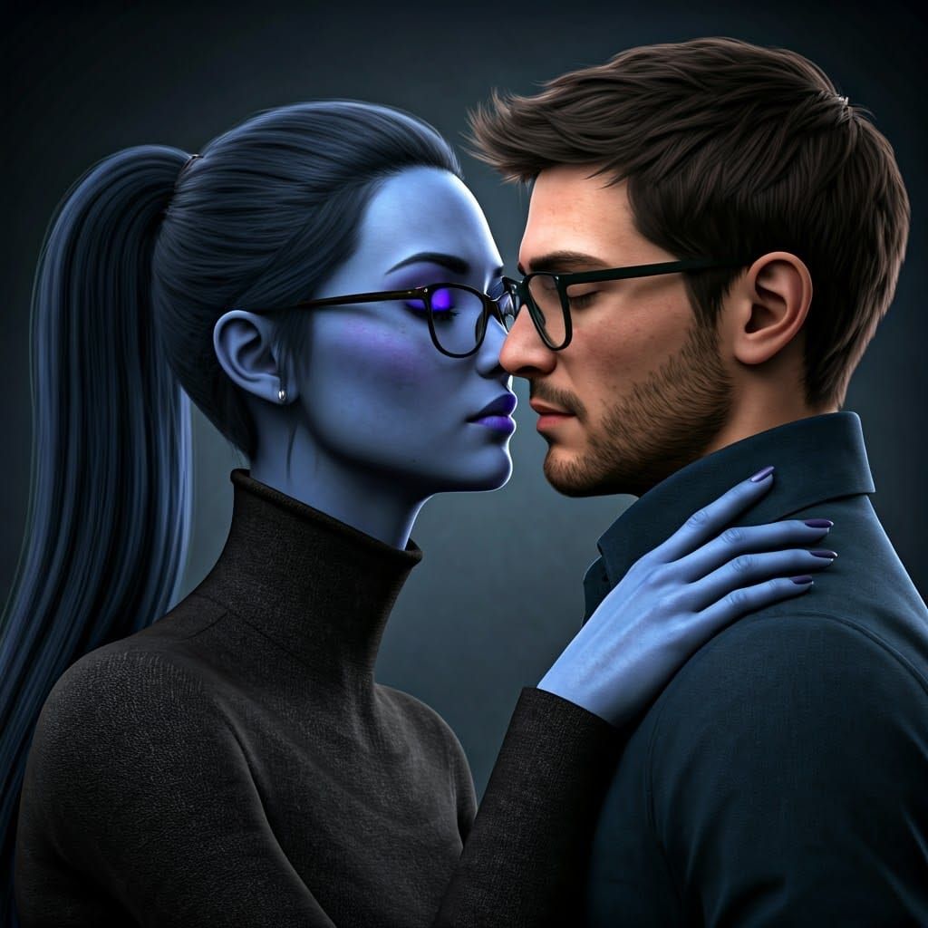 Surreal Portrait of a Woman and Man in Tender Kiss, in High-...