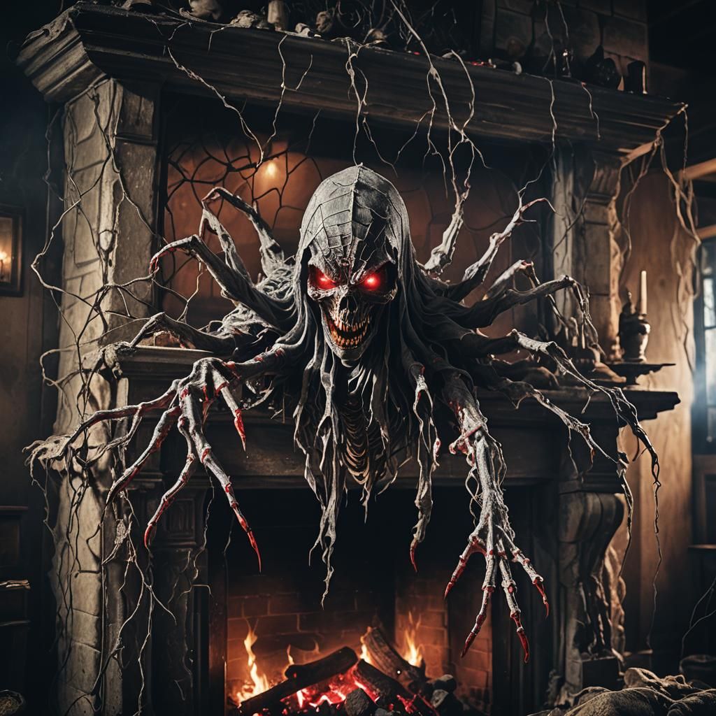 Eerie Ghost Emerges from Fireplace in Dark House