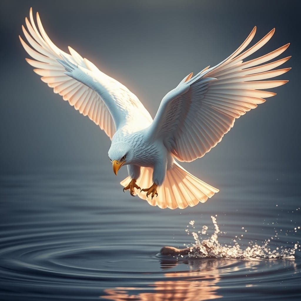 Regal White Hawk in Flight over Water, Detailed Matte Painti...