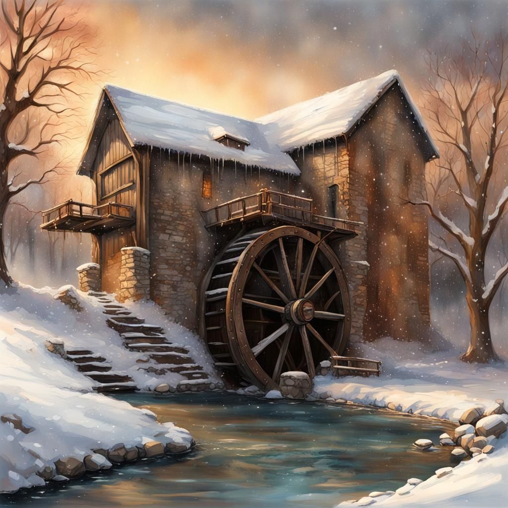 Winter Waterwheel in Snowy Christmas Scene