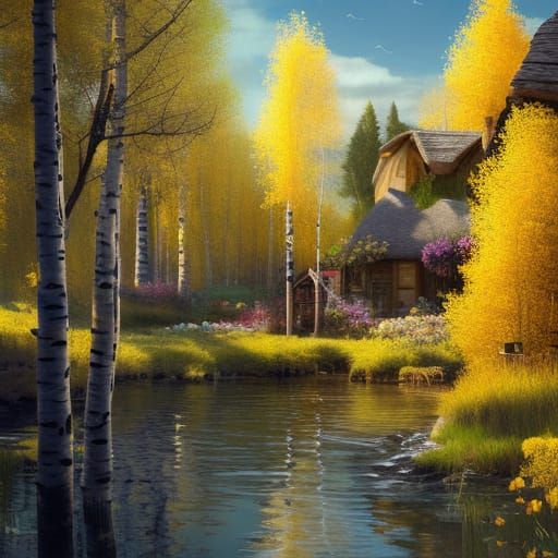 Cottagecore Village by Lakeside with Golden Aspen Forest