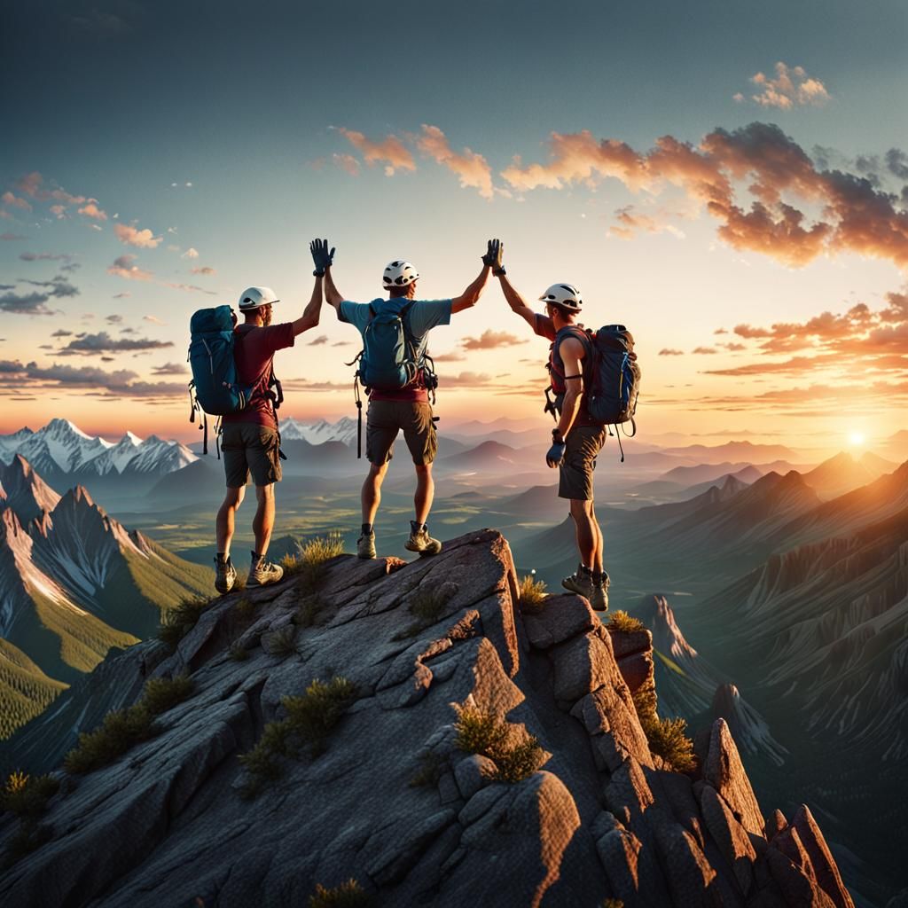 Climbers Celebrate Mountain Summit at Sunset