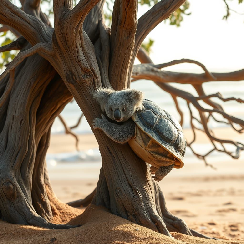 Koala-Turtle Hybrid Embracing a Weathered Eucalyptus Tree on...