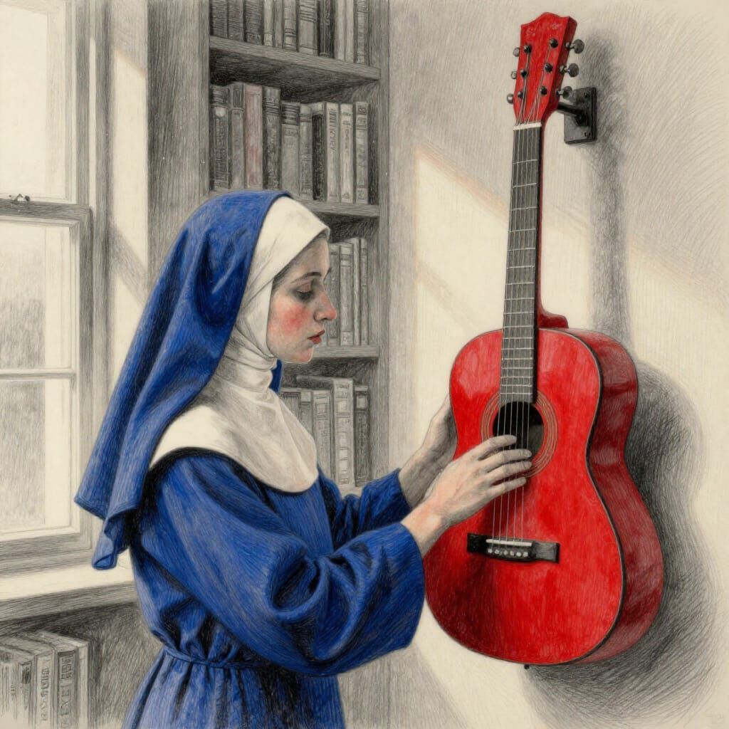 Nun Contemplates Guitar in Sunlit Library Pencil Sketch