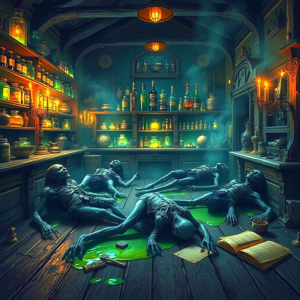 Fantastical Potion Shop Amidst Zombie Chaos