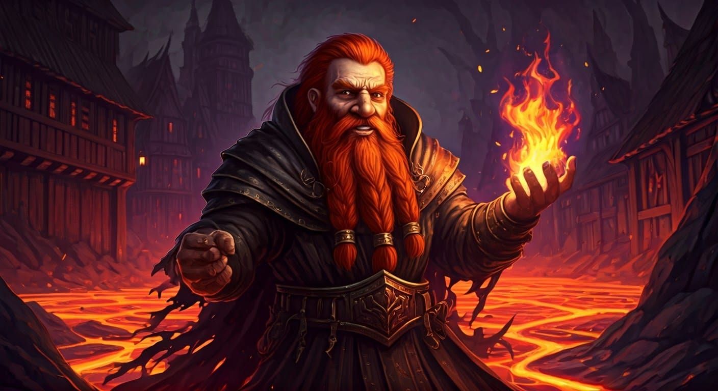 Dwarf Wizard Conjures Fiery Elemental in Dark Fantasy Realm