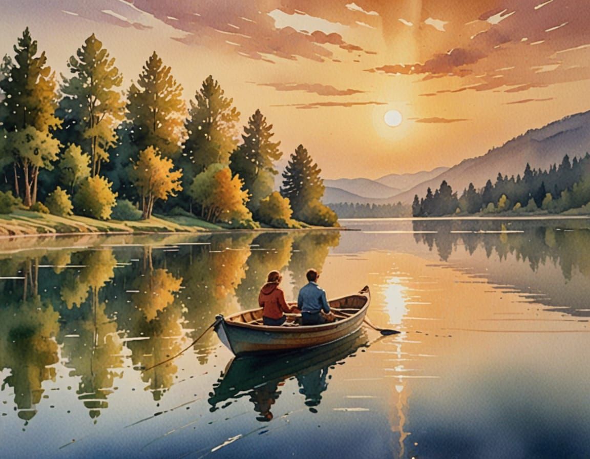 Couple on Lake in Impressionistic Watercolor Painting