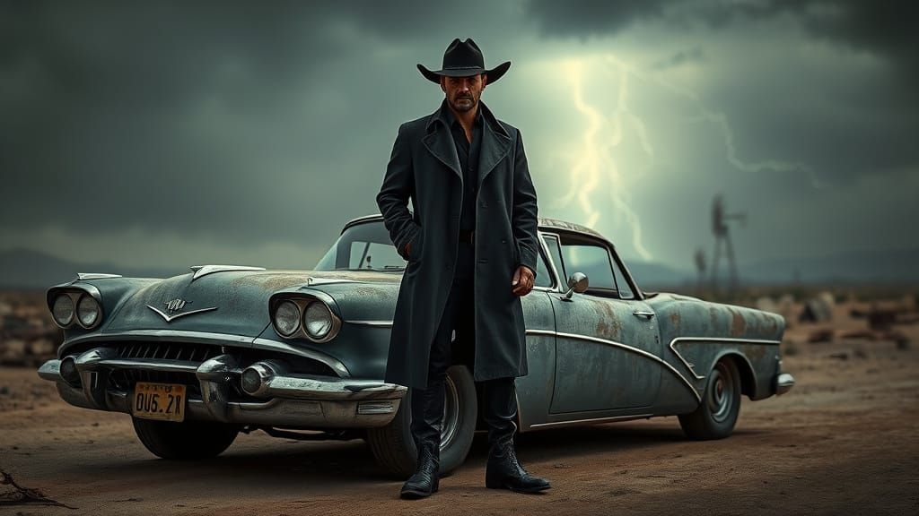 Noir Post-Apocalyptic Gunslinger in Weathered Vintage Car