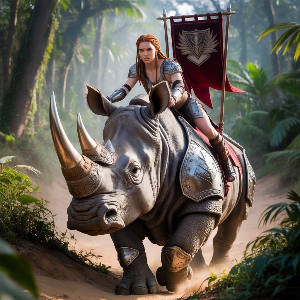 Armored Warrior Woman Rides Rhinoceros Through Jungle