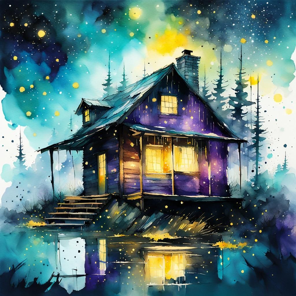 Cabin in the Woods Under a Starry Sky