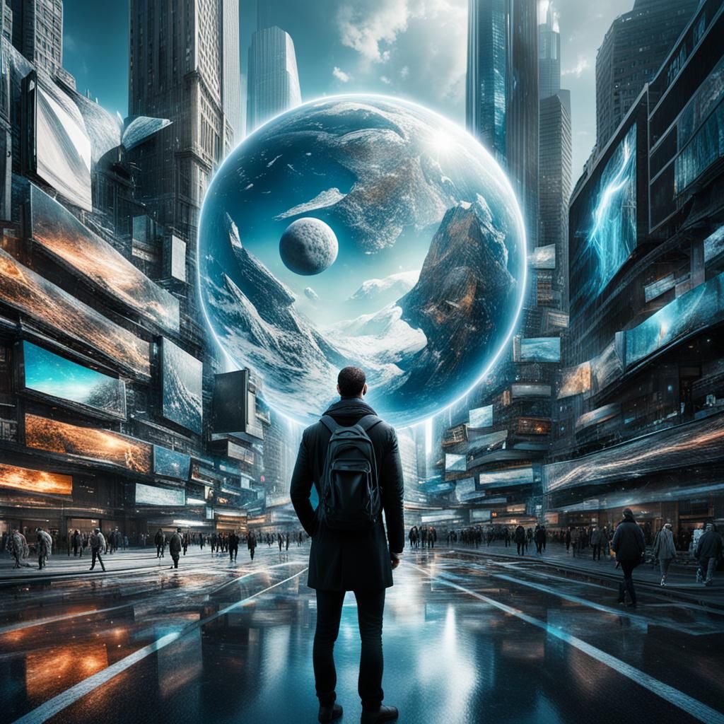 Cyborg Digital Transformation in Futuristic Cityscape