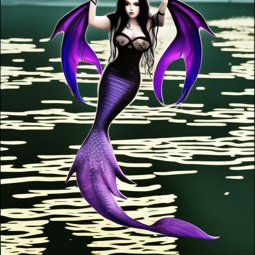 Ethereal gothic mermaid with long black hair& Beautiful purple eyes& black mermaid tail with purple accents& mermaid vib...