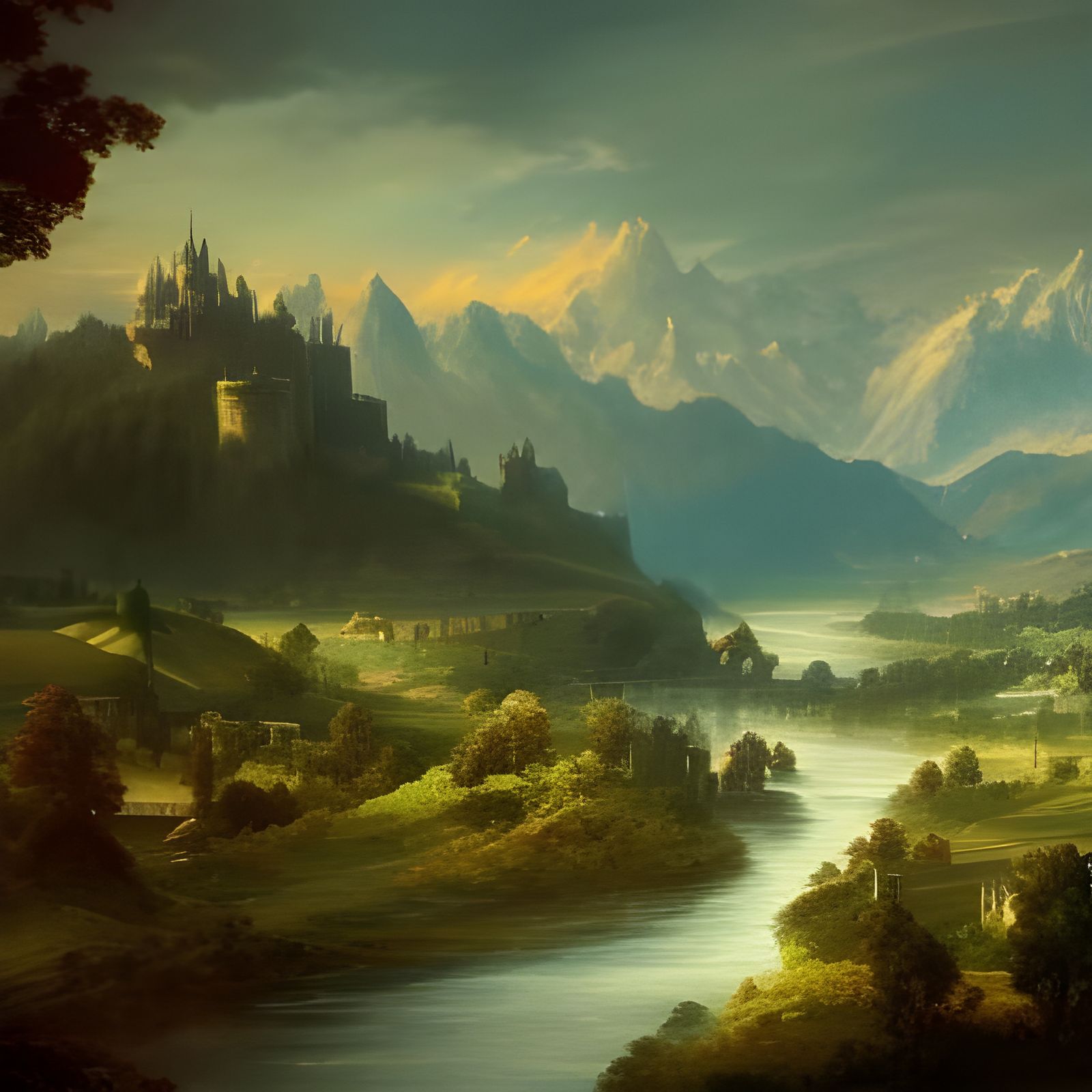 Sweeping Fantasy Kingdom View with Castle and River