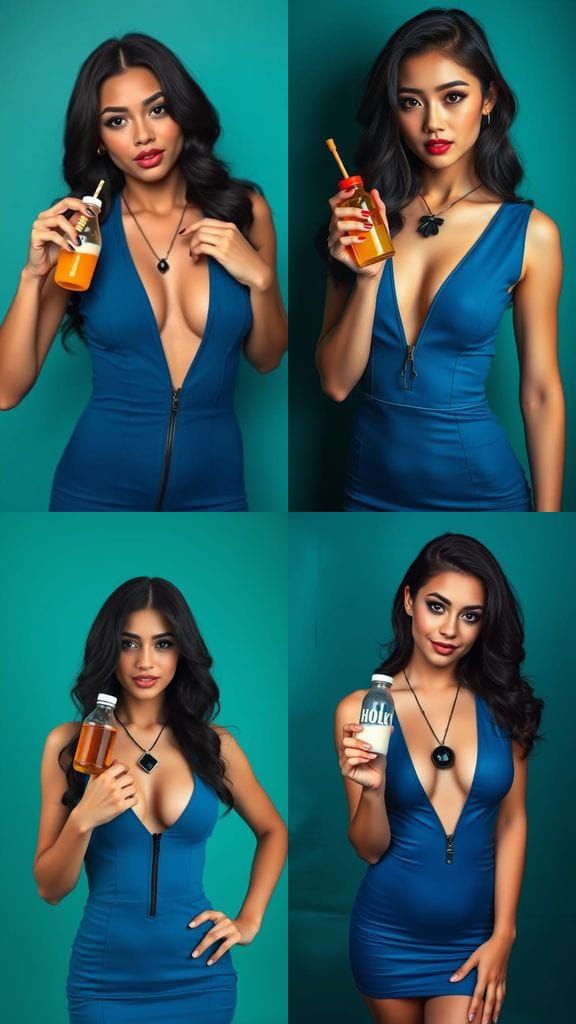 Confident Woman Poses with Honey in Teal Setting