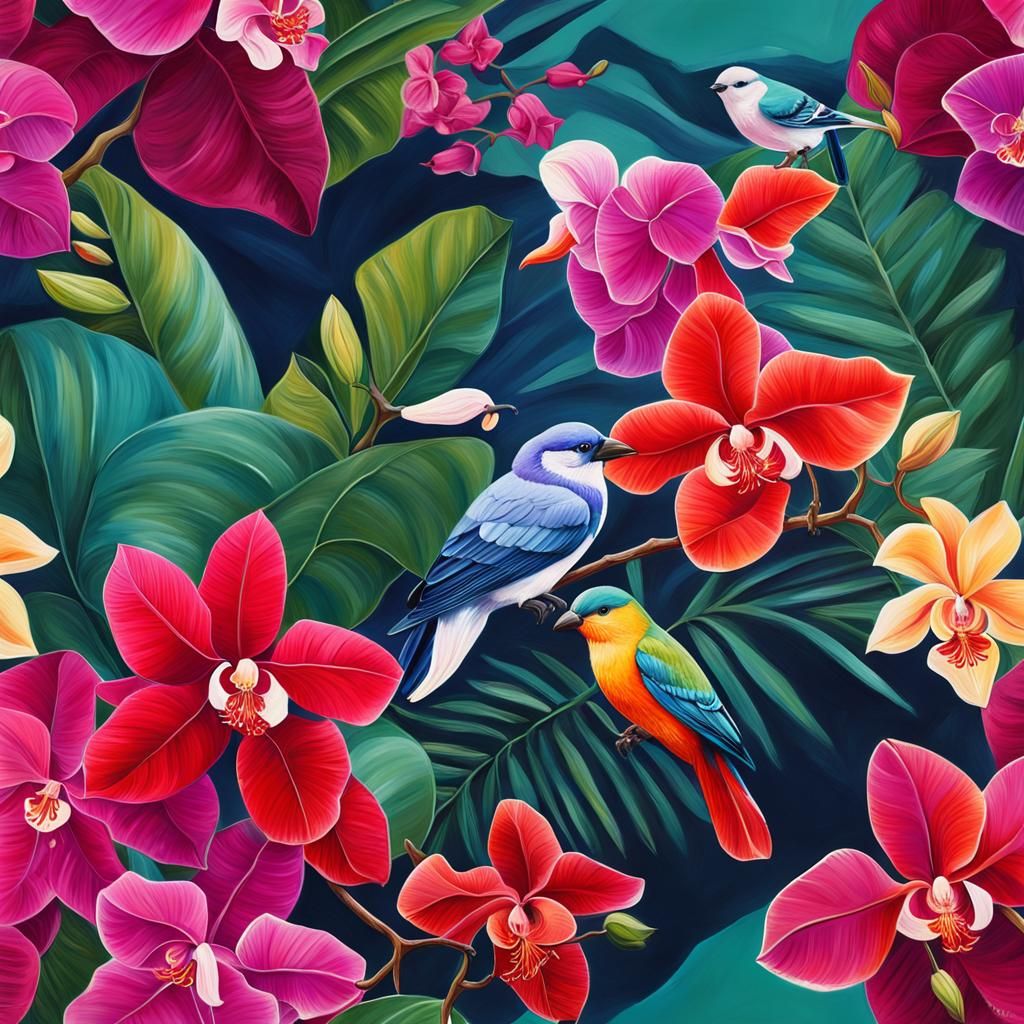 Tropical Beach Acrylic Painting with Flowers and Birds