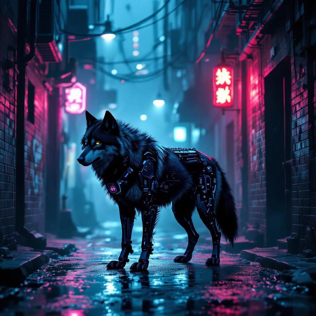 Cybernetic Wolf in Neon Noir Alley