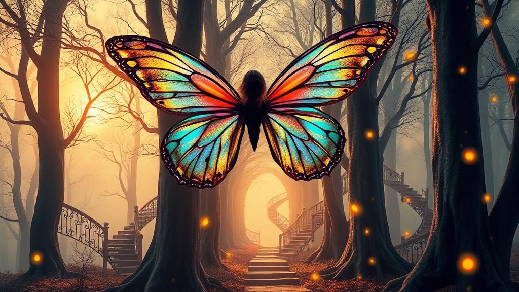 Mystical Butterfly Being in Escher-Style Forest