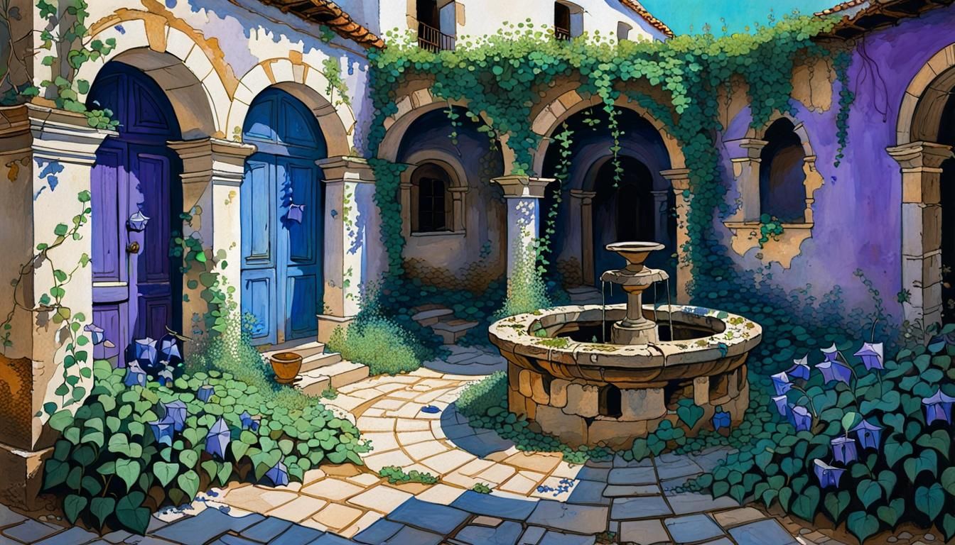 Abandoned Spanish Well in Klimt Style Gouache