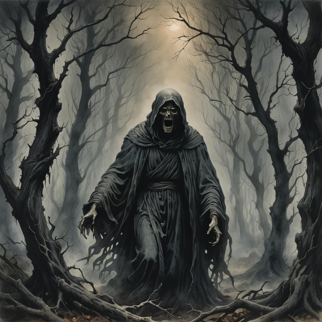 Ethereal Horror Figure in Watercolor Landscape