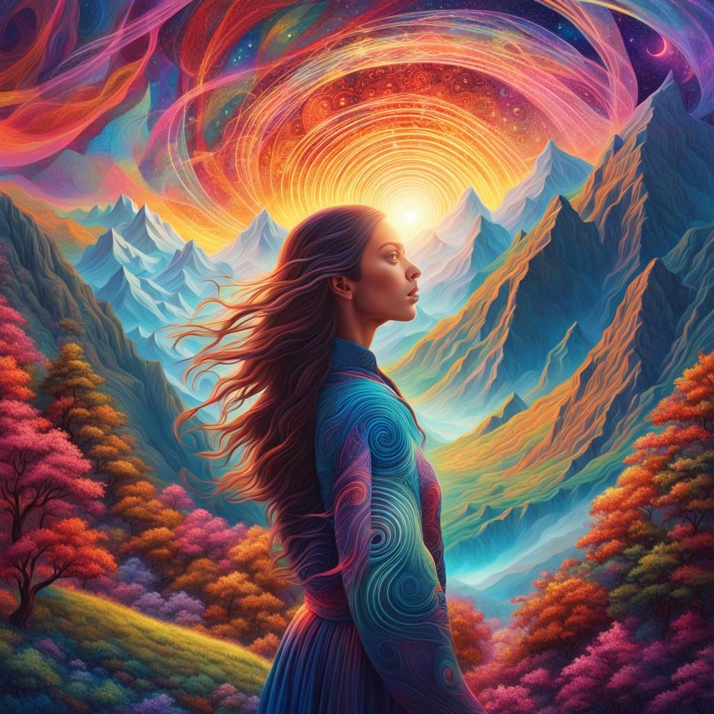 Girl Sees Illusory World in Astral Cosmic Illustration