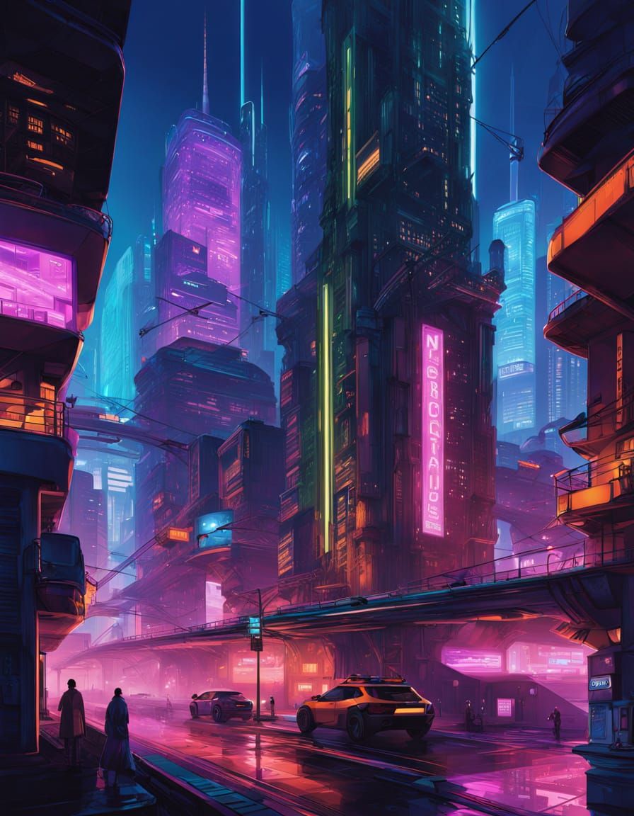 Neon-Lit Cyberpunk Cityscape at Night