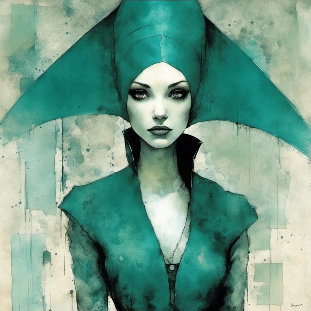 Woman in Teal: Dark Surrealist Illustration