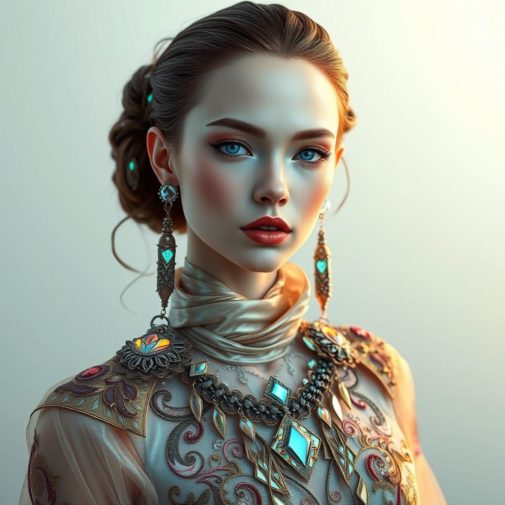 Stunning Futuristic Woman in Iridescent Gown