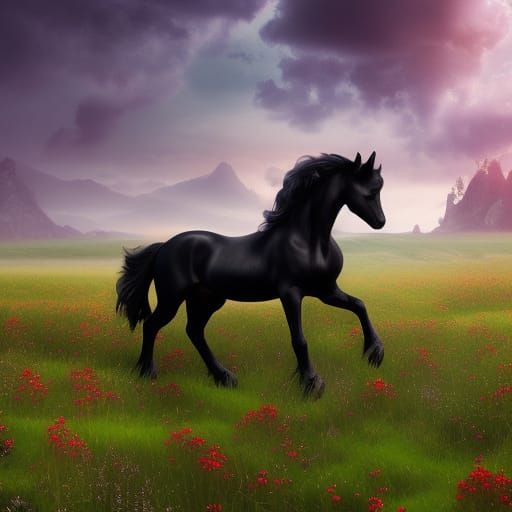 Friesian Horse in Flower Field Concept Art