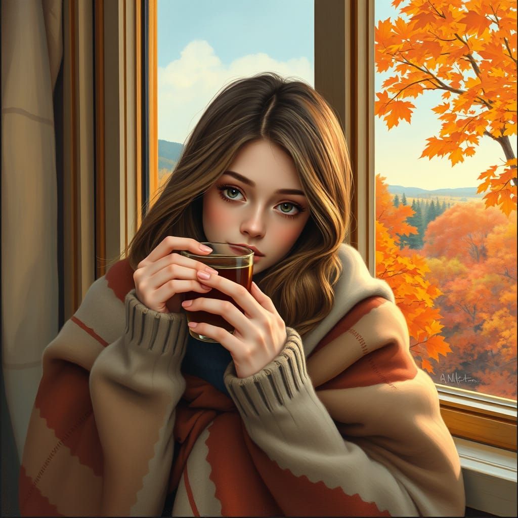 Woman Enjoys Coffee Amidst Autumn Landscape in Gouache Style