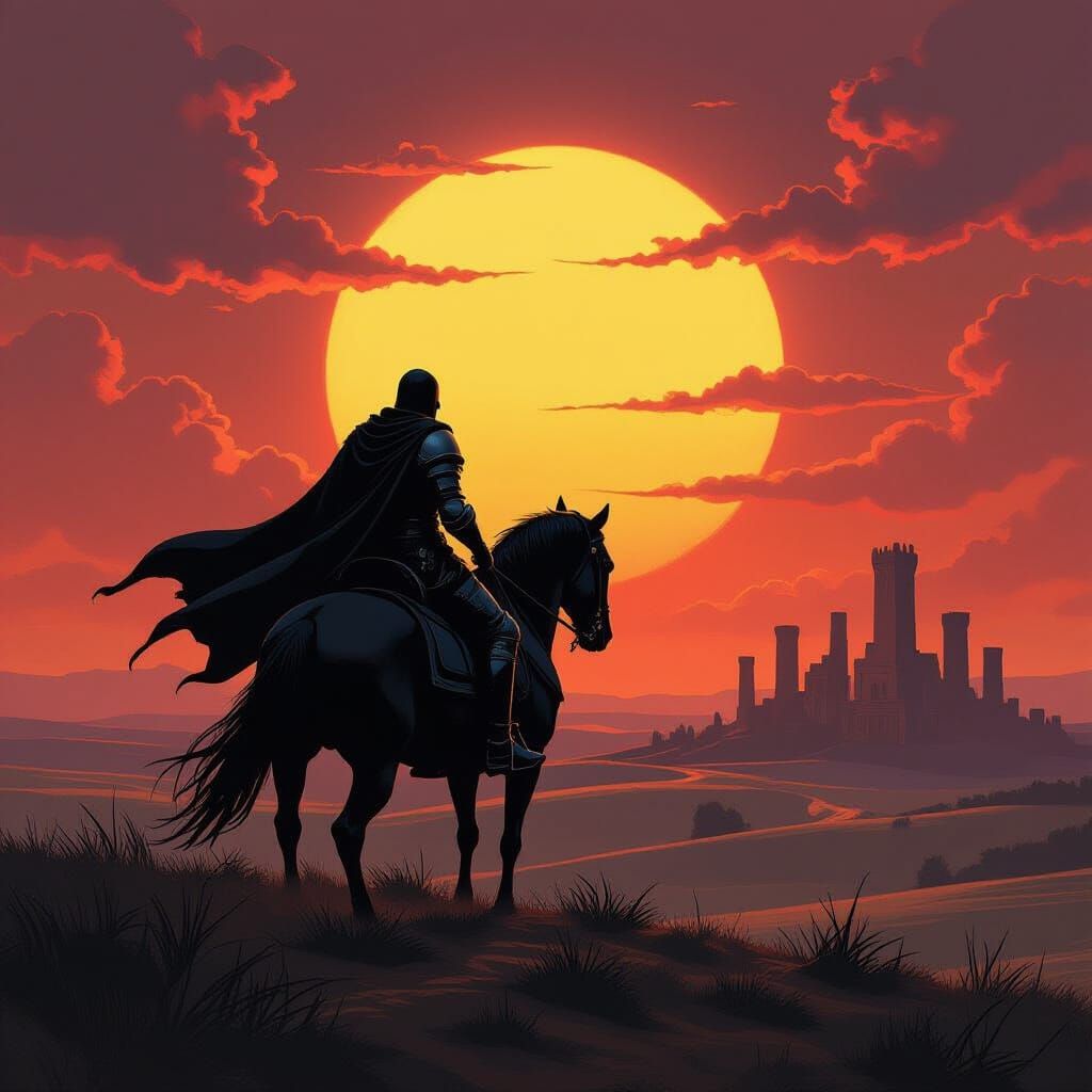 Medieval Knight Silhouetted on Horseback at Sunset