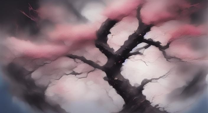 Chinese Painting Style Landscape with Cherry Blossoms