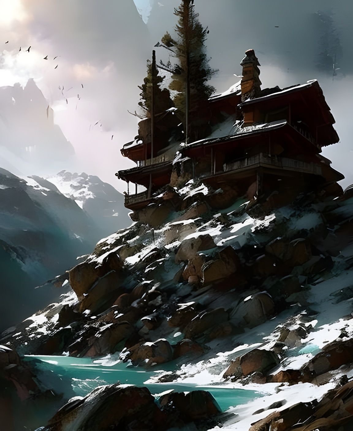 Alpine Chalet on Rocks: Detailed Matte Painting