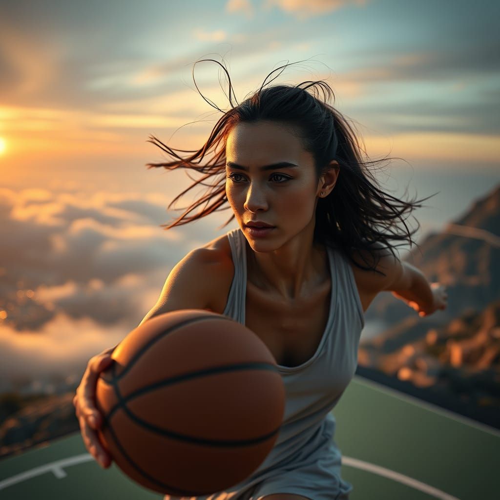 Athletic Player on Mountain Basketball Court