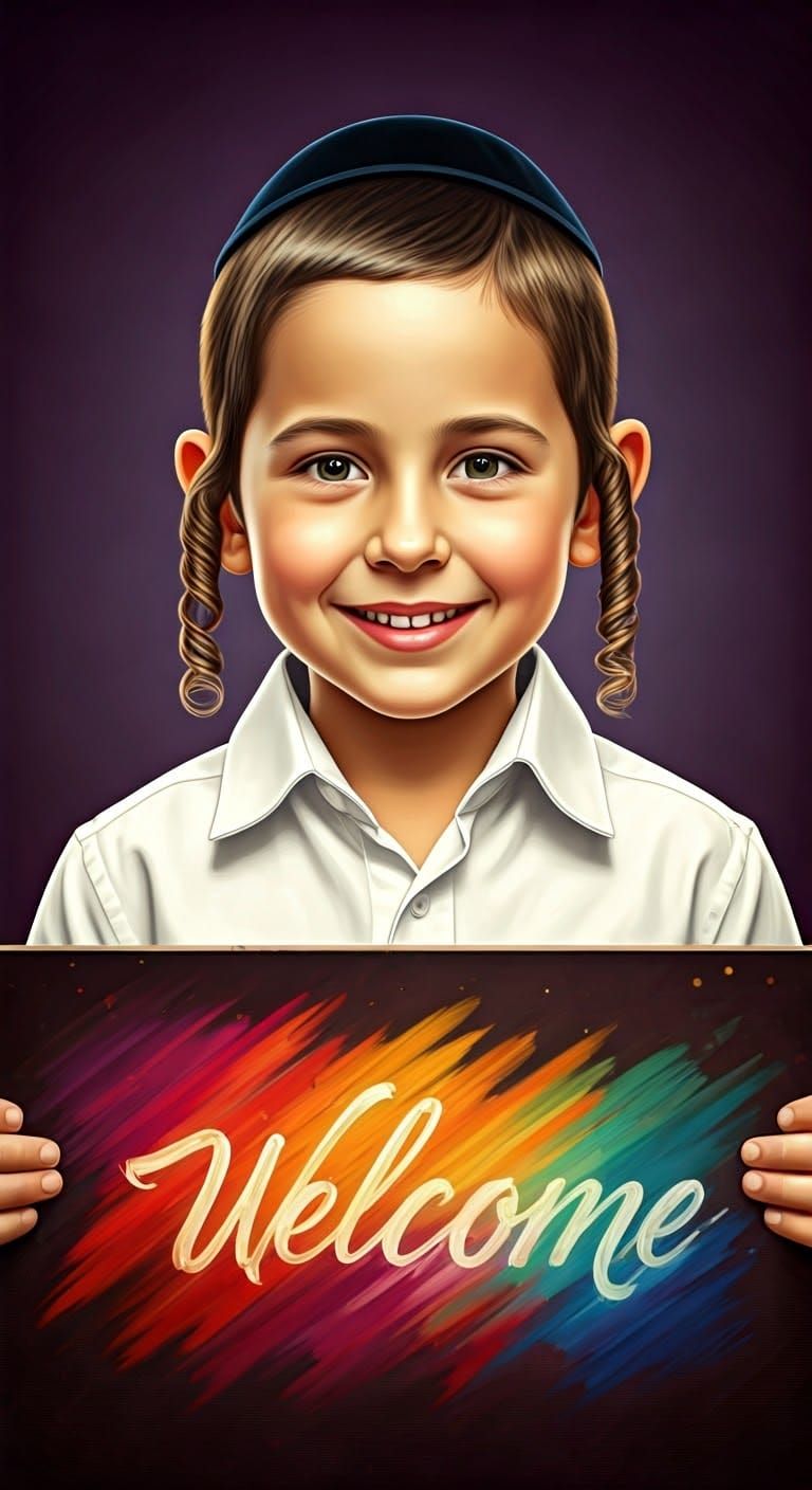 Hasidic Boy with Welcome Sign in Hyperrealistic Style