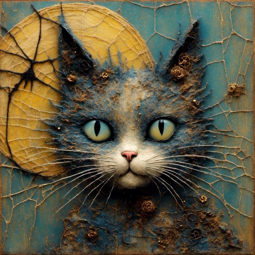 Spooky Mixed Media Collage: Fanged Cat, Moon, and Webs