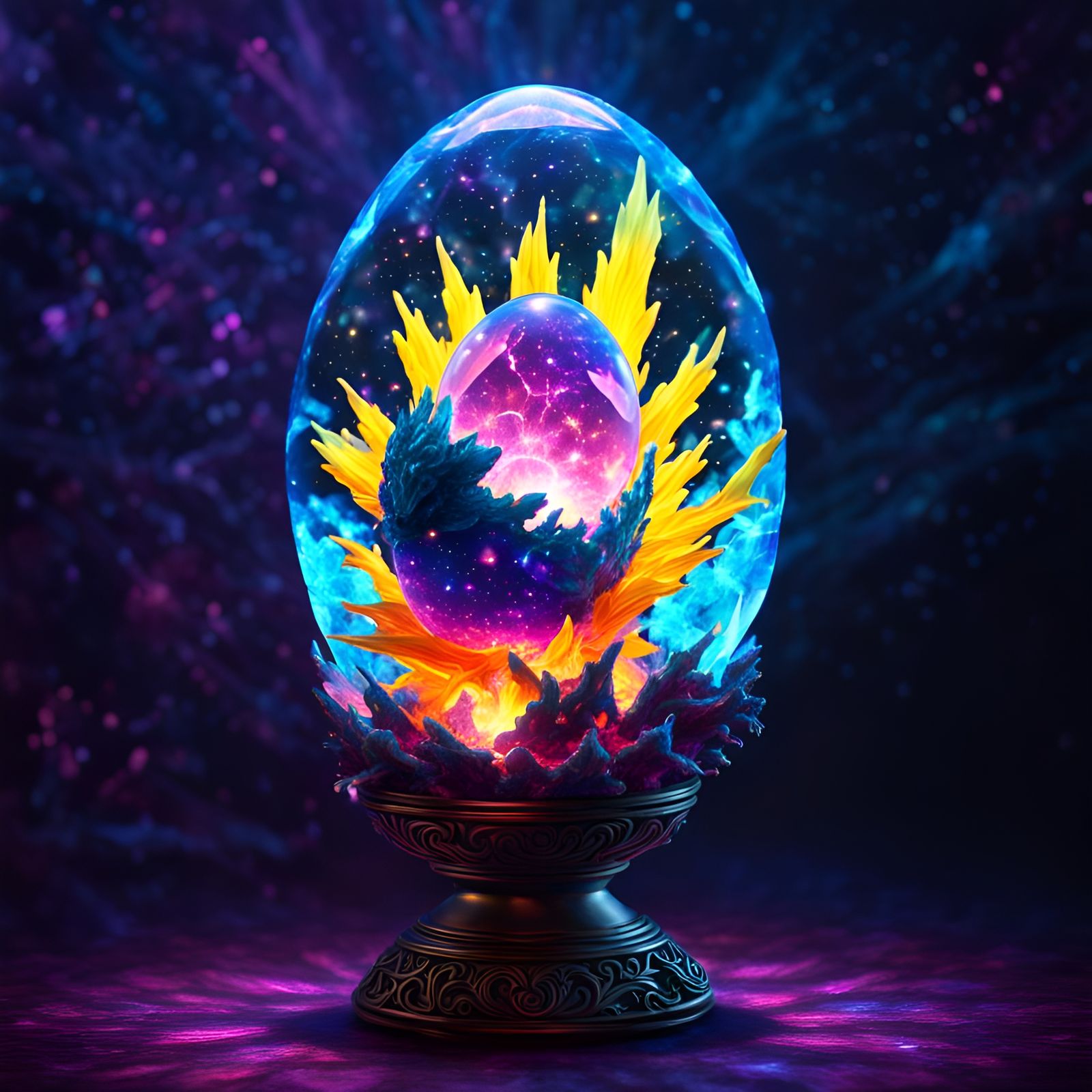 Neon Dragon Emerges from Cosmic Crystal Egg