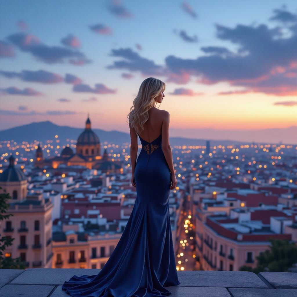 Glamorous Blonde Woman in Twilight Barcelona