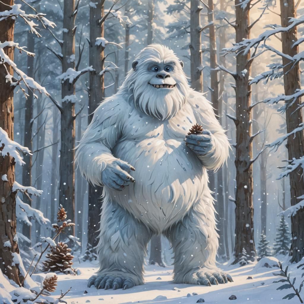 Yeti Builds Snowman in Whimsical Watercolor Forest