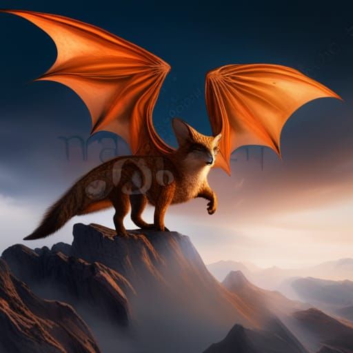 Orange Fox Dragon Soaring Over Mountain, Digital Painting
