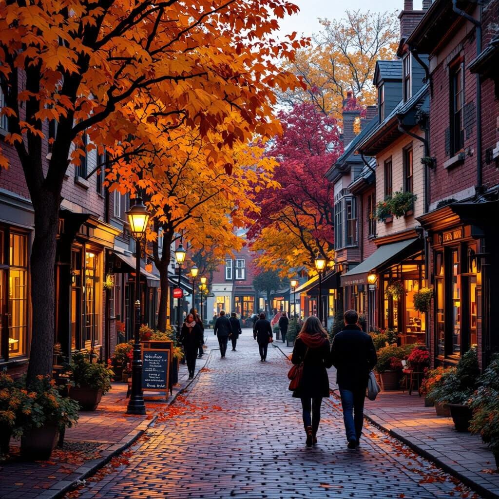 Cozy Small-Town Street in Autumn Colors