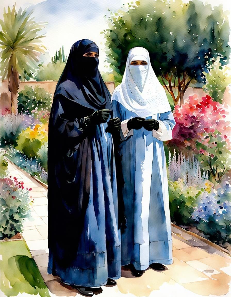 Niqabi Teachers in Garden, Watercolor Portrait