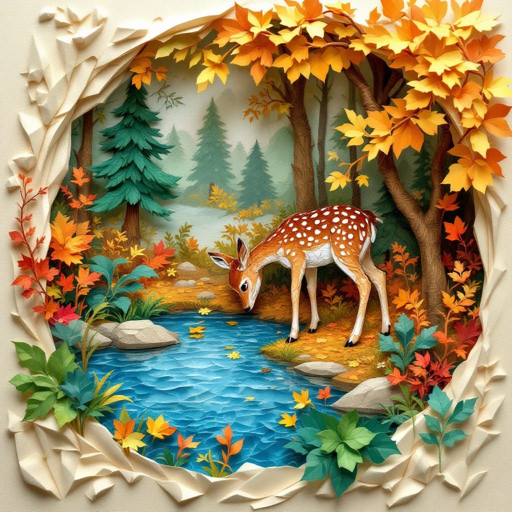 Paper Collage of Deer in Woodland Scene