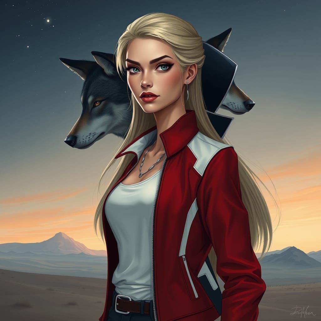 Confident Young Woman with Wolf's Head Silhouette, Fantasy A...