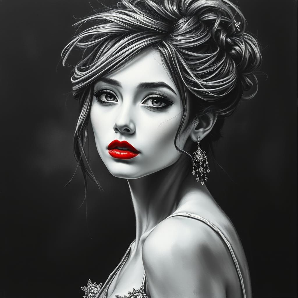 A captivating monochromatic charcoal portrait of a bohemian woman, with her loose updo and striking facial features acce...