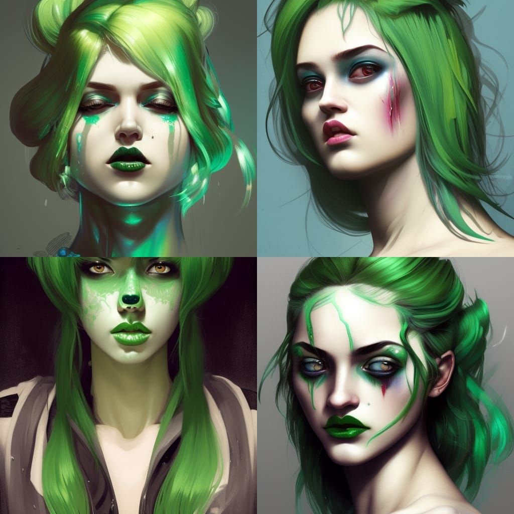 Green-Haired Girl Portrait in Art Nouveau Style